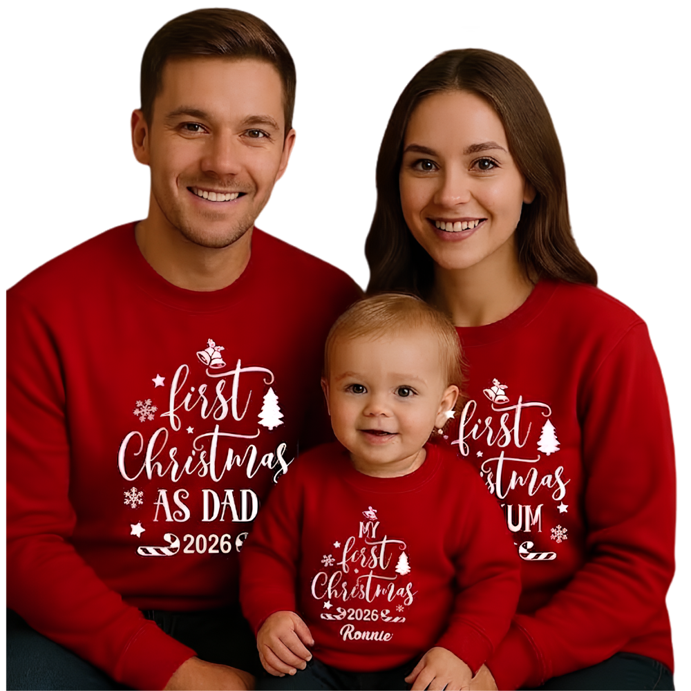 First Christmas As Dad Mom Custom Family Matching Sweatshirt, Personalized First Christmas Family Sweatshirts ET1493