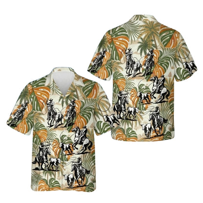 Team Roping Cowboy Tropical Hawaiian Shirt For Men, Western Team Roping Hawaiian Shirts HE0506