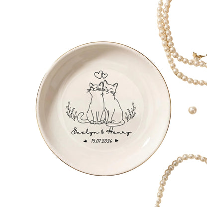 Personalized Cat Couple Name Jewelry Dish, Custom Engagement Ring Dish For Cat Lover WD0280