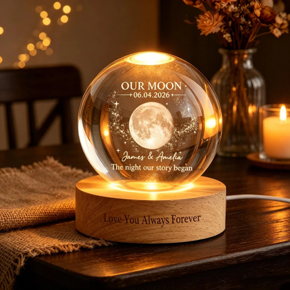 Our Moon The Night Our Story Began Custom Couple Crystal Ball Led Night Light, Custom Moon Phase Night Light Wedding Keepsake WD0821
