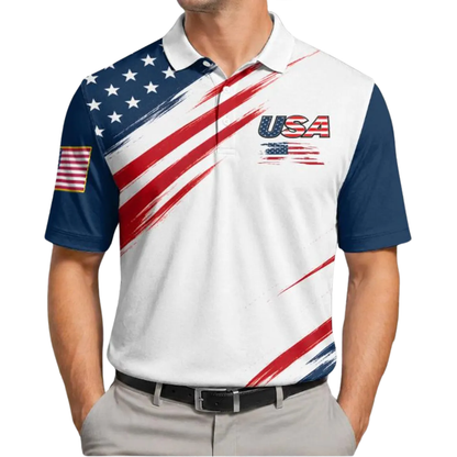 Red White And Blue USA Flag Golf Polo Shirt For Men, 4th Of July Patriotic Golf Shirt GE0512