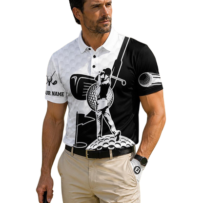 Swinging Golfer Custom Mens Black White Golf Polo Shirt, Custom Name Golf Shirts GE0558