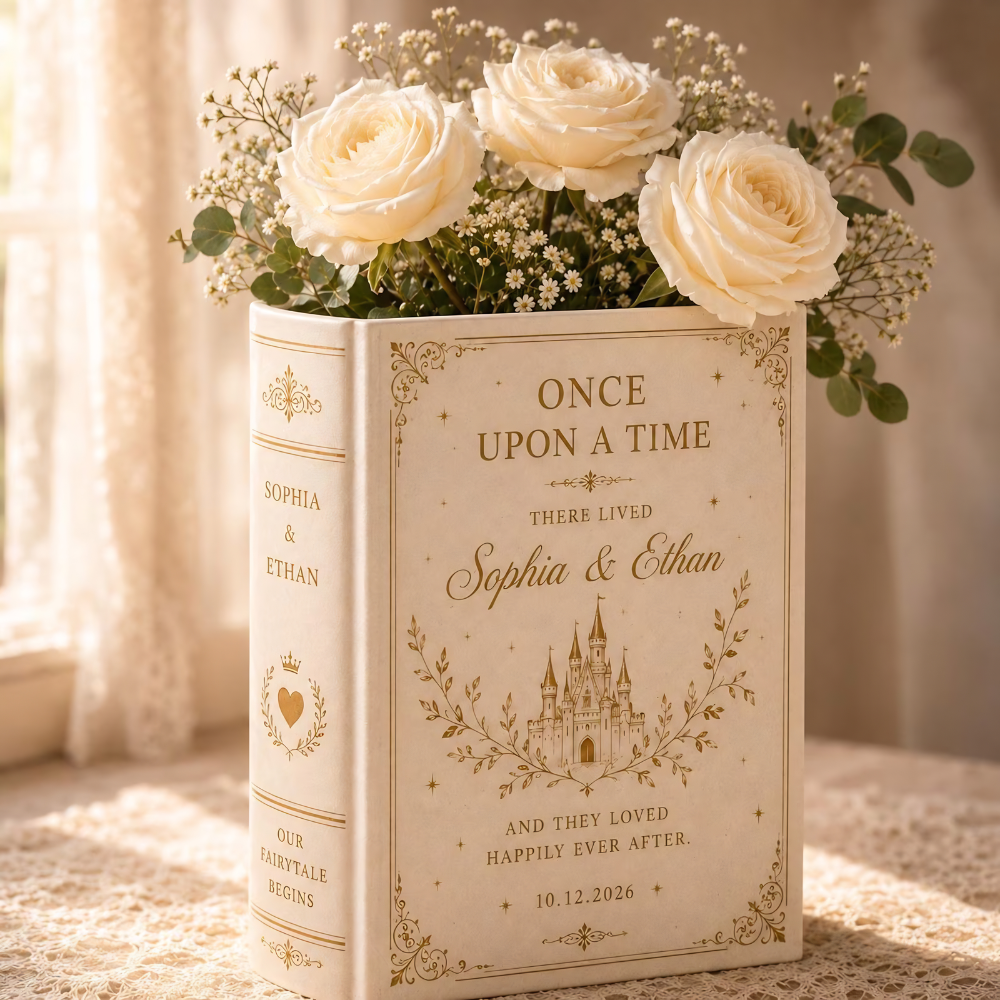 Custom Once Upon A Time There Lived Fairytale Castle Wedding Ceramic Book Vase, Custom Wedding Engagement Book Vase WD0571