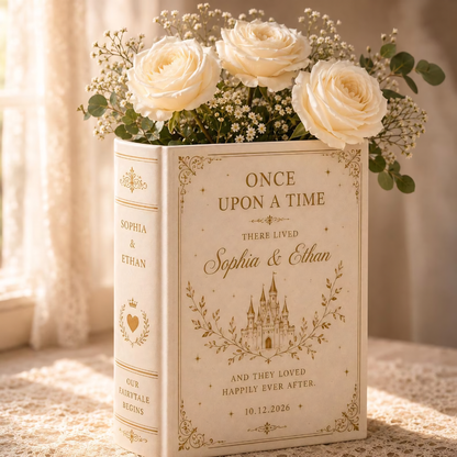 Custom Once Upon A Time There Lived Fairytale Castle Wedding Ceramic Book Vase, Custom Wedding Engagement Book Vase WD0571