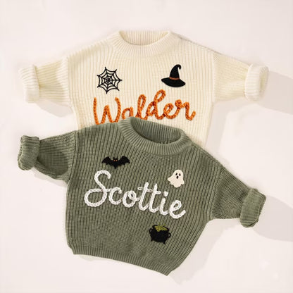 Personalized Halloween Baby Embroidered Knit Sweater, Custom Halloween Sweatshirt For Baby BB0761
