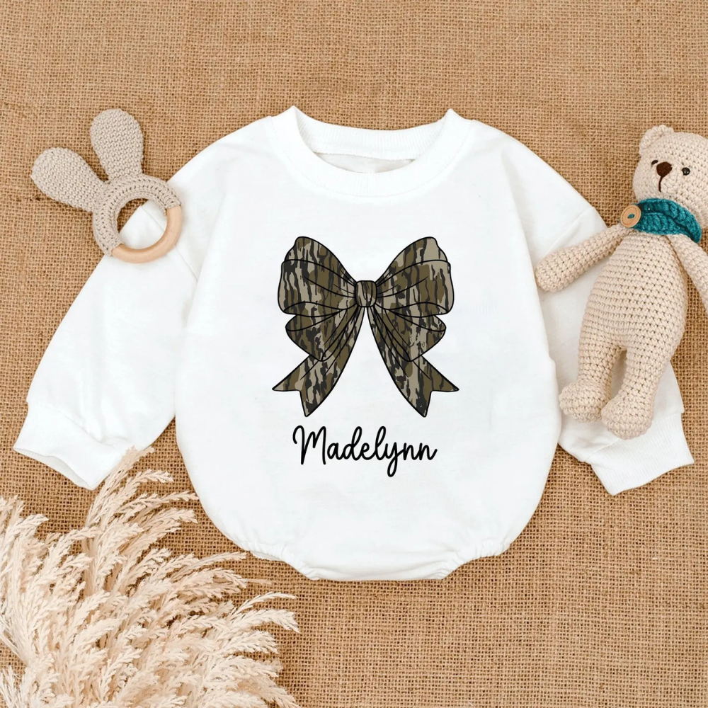 Personalised Camo Coquette Bow Baby Romper Sweatshirt, Custom Name Camo Coquette Romper Sweatshirt BB0132