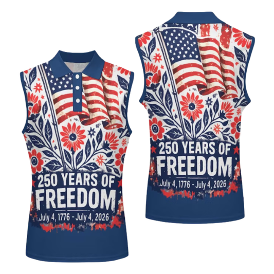 Floral 250 Years Of Freedom USA Flag Sleeveless Golf Shirt Women, Tropical 4th Of July Golf Shirt Ladies GE0495