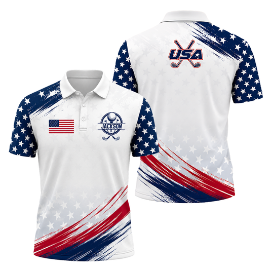 Custom American Flag Golf Polo Shirt For Men, Custom Name Patriotic Golf Shirts For 4th Of July GE0440