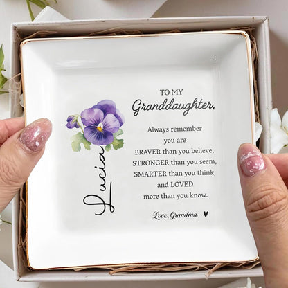 Always Remember You Are Braver Than You Believe Personalized Jewelry Dish, Custom Birth Month Flower Jewelry Dish TD0005