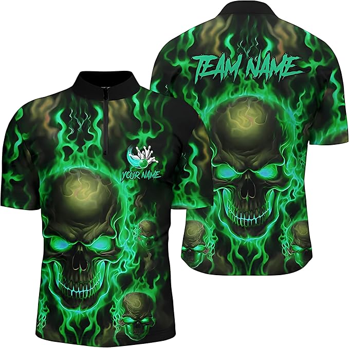 Custom Skull Black And Green Bowling Jersey Shirt, Custom Skull Bowling Team Shirts BZ0238