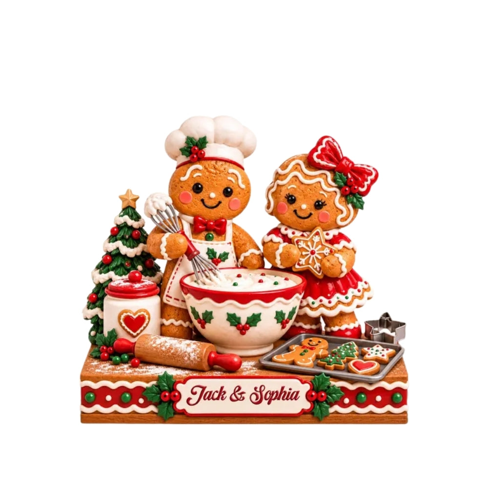 Personalized Gingerbread Baking Couple Layer Wooden Plaque, Custom Christmas Wedding Keepsake Wooden Block WD0943