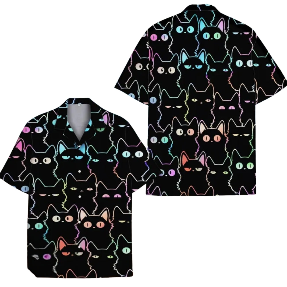 Black Neon Cat Hawaiian Shirt Men And Women, Cat Hawaiian Shirts HE0019