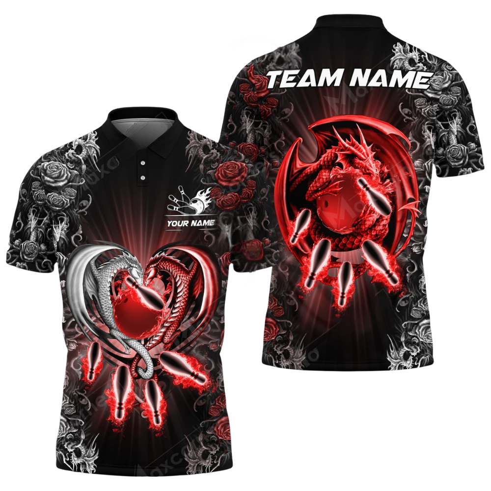 Custom Dragon Flower Bowling Mens Polo Shirt, Custom Team Dragon Bowling Shirts BZ0592