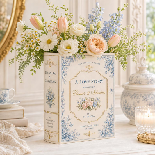 Custom Wedding Love Story Toile de Jouy Flower Book Vase, Custom Vintage Floral Vase For Couple WD0549