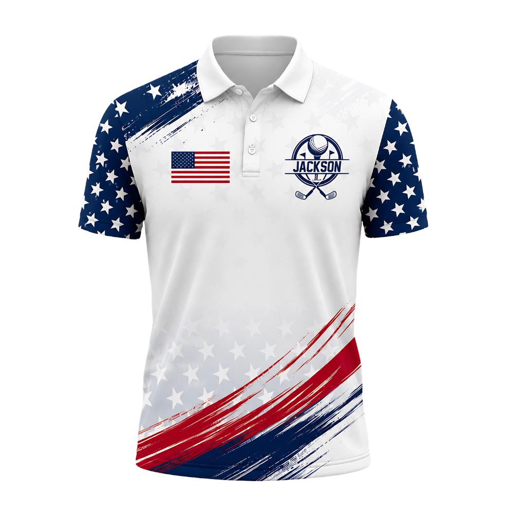 Custom American Flag Golf Polo Shirt For Men, Custom Name Patriotic Golf Shirts For 4th Of July GE0440