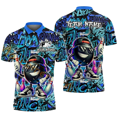 Custom Funny Ball Graffiti Mens Bowling Polo Shirt, Custom Team Graffiti Bowling Shirts BZ0531