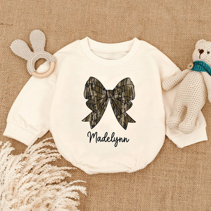 Personalised Camo Coquette Bow Baby Romper Sweatshirt, Custom Name Camo Coquette Romper Sweatshirt BB0132