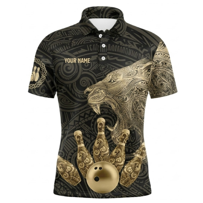 Tribal Lion Black And Gold Custom Mens Bowling Polo Shirt, Custom Lion Tribal Bowling Team Shirts BZ0491