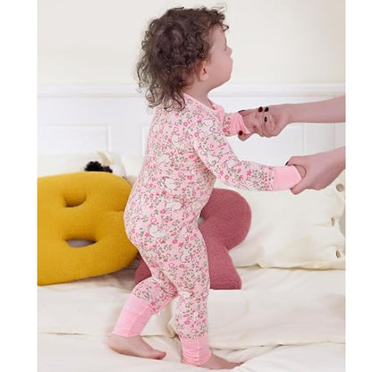 Bunny Floral Baby Convertible Zipper Romper, Rabbit Bunny Baby Convertible Romper BB0380