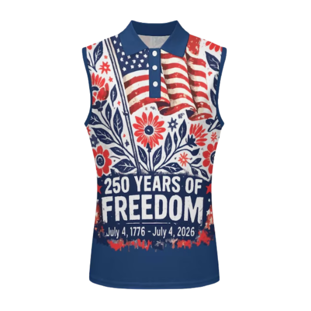 Floral 250 Years Of Freedom USA Flag Sleeveless Golf Shirt Women, Tropical 4th Of July Golf Shirt Ladies GE0495