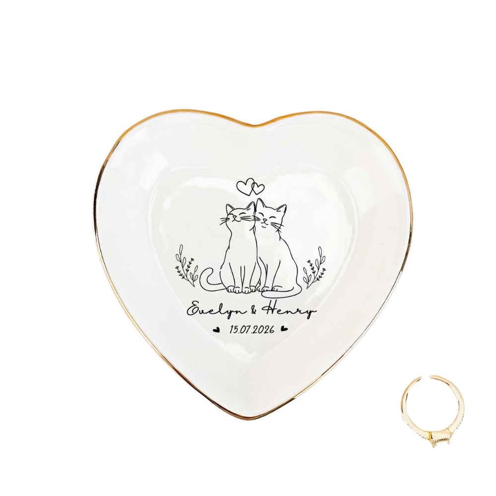 Personalized Cat Couple Name Jewelry Dish, Custom Engagement Ring Dish For Cat Lover WD0280