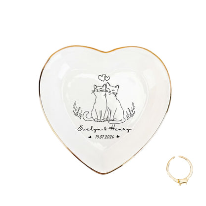 Personalized Cat Couple Name Jewelry Dish, Custom Engagement Ring Dish For Cat Lover WD0280