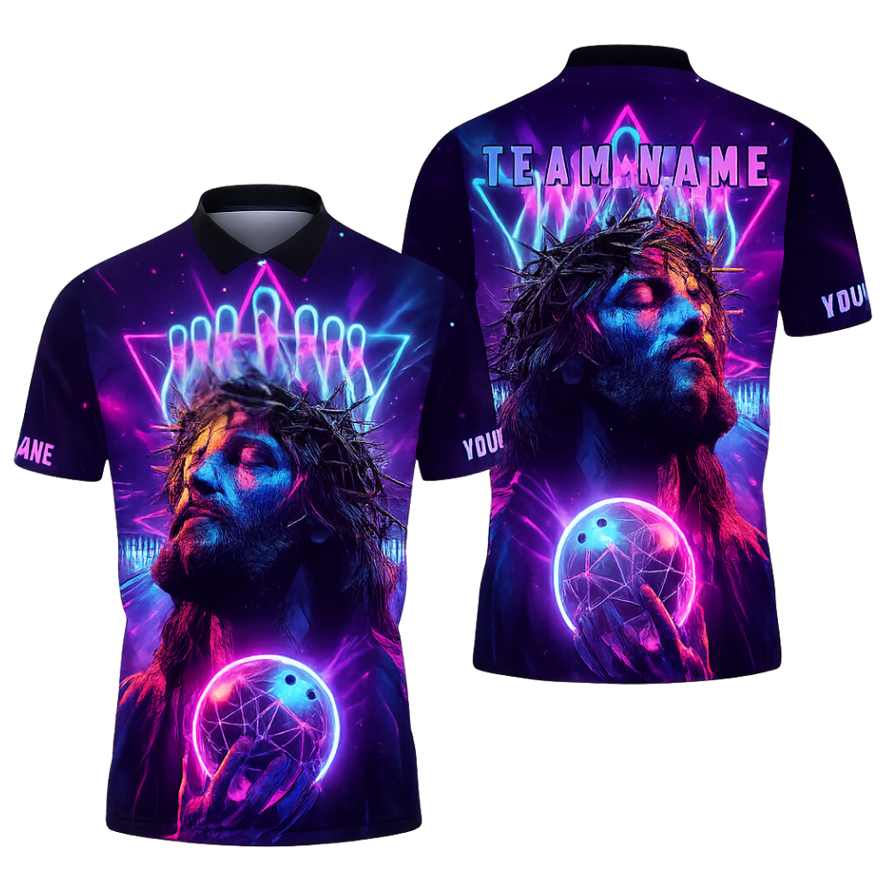 Custom Jesus Men's Neon Purple Bowling Polo Shirt, Custom Christian Bowling Team Shirts BZ0461