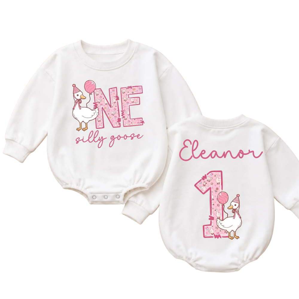 Custom One Silly Goose First Birthday Baby Romper Sweatshirt, Custom Goose 1st Birthday Baby Romper Sweater BB0858