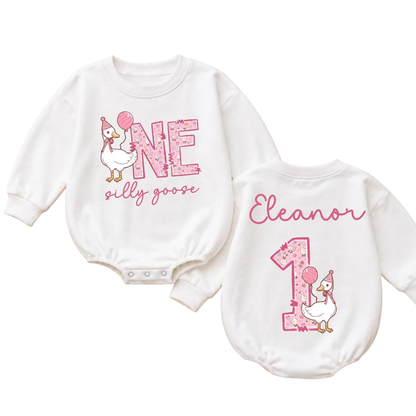 Custom One Silly Goose First Birthday Baby Romper Sweatshirt, Custom Goose 1st Birthday Baby Romper Sweater BB0858