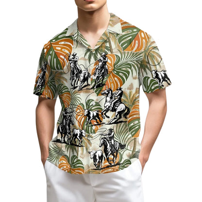 Team Roping Cowboy Tropical Hawaiian Shirt For Men, Western Team Roping Hawaiian Shirts HE0506