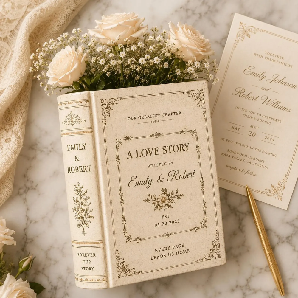 Custom Vintage Love Story Ceramic Flower Book Vase For Wedding Anniversary Engagement, Custom Wedding Book Vase WD0559