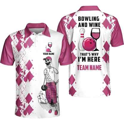 Bowling And Wine That's Why I'm Here Custom Skeleton Argyle Yellow Bowling Polo Shirt Men, Custom Wine Bowling Team Shirt BZ0470