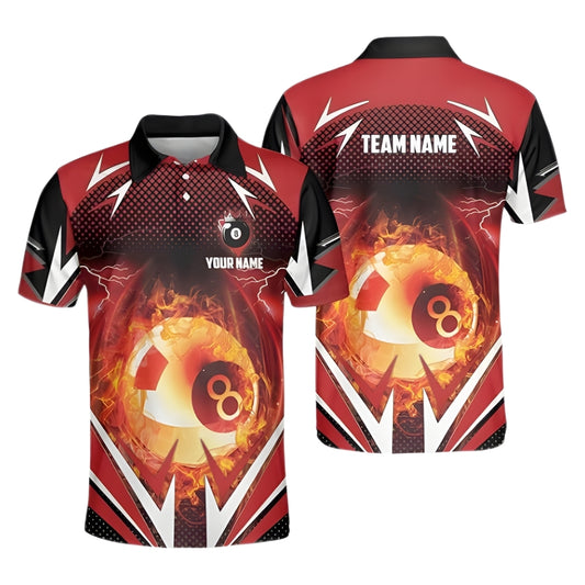 Custom Flame 8 Ball Billiard Polo Shirt For Mens, Custom Black And Red Flame Billiard Team Shirts BIZ0244