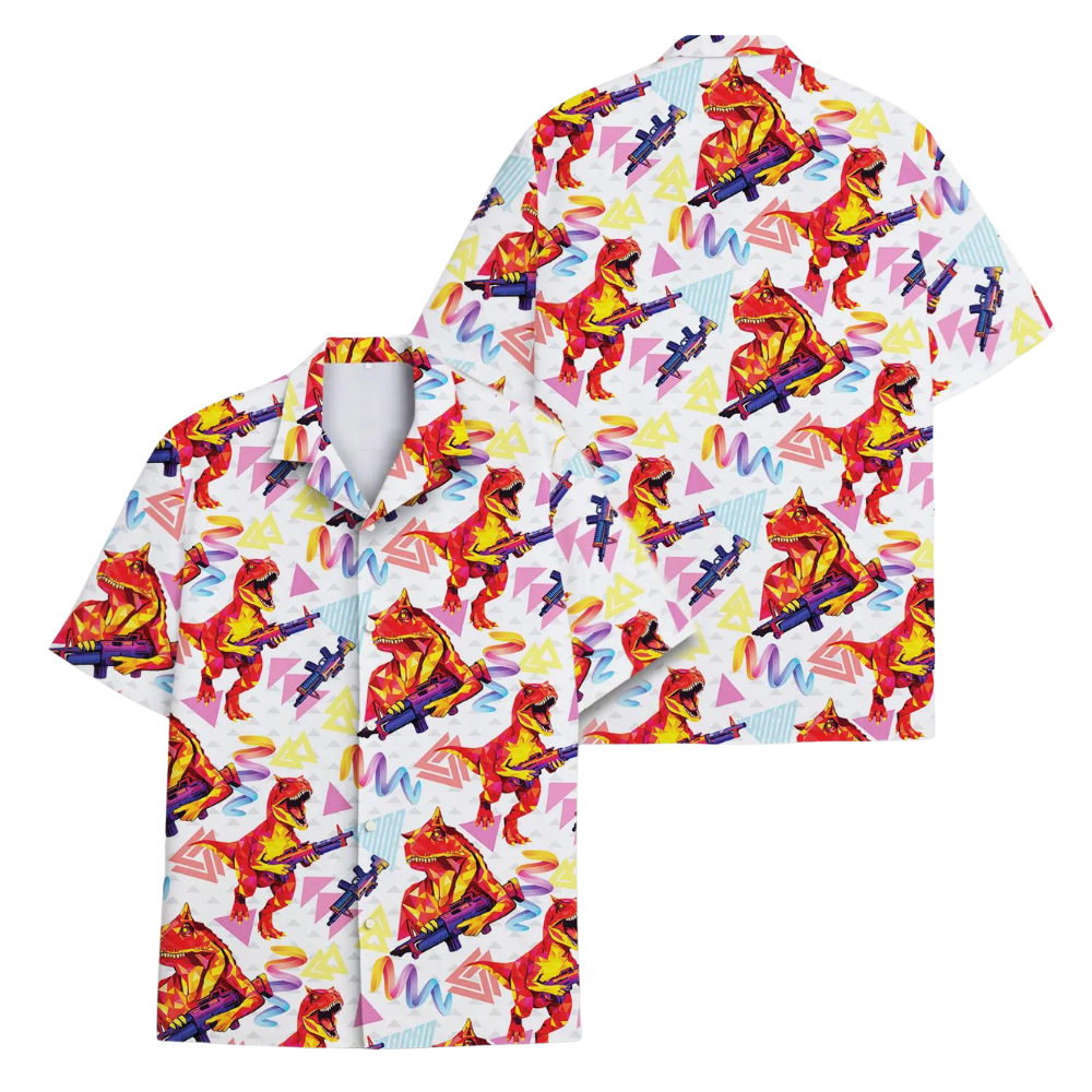 Red Dinosaur Retro Hawaiian Shirt For Men, Dinosaur Hawaiian Shirts HE0282