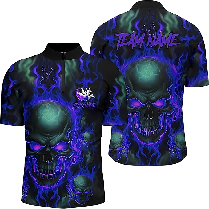 Custom Skull Black And Green Bowling Jersey Shirt, Custom Skull Bowling Team Shirts BZ0238