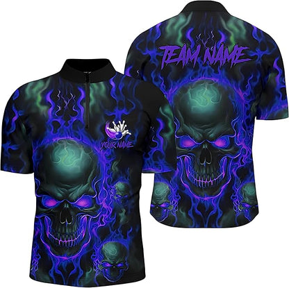Custom Skull Black And Green Bowling Jersey Shirt, Custom Skull Bowling Team Shirts BZ0238