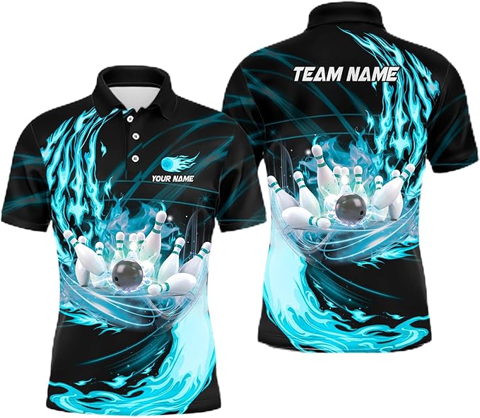 Custom Teal Flame Bowling Polo Shirt For Men, Custom Flame Bowling Team Shirts BZ0241