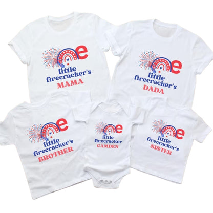 One Little Firecracker Custom Matching First Birthday  Family T Shirt, Custom 4th Of July Birthday Shirts For Family ET0675