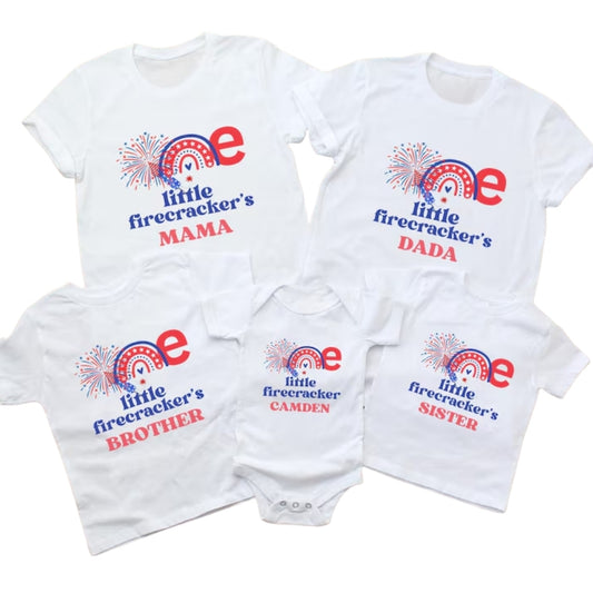 One Little Firecracker Custom Matching First Birthday  Family T Shirt, Custom 4th Of July Birthday Shirts For Family ET0675