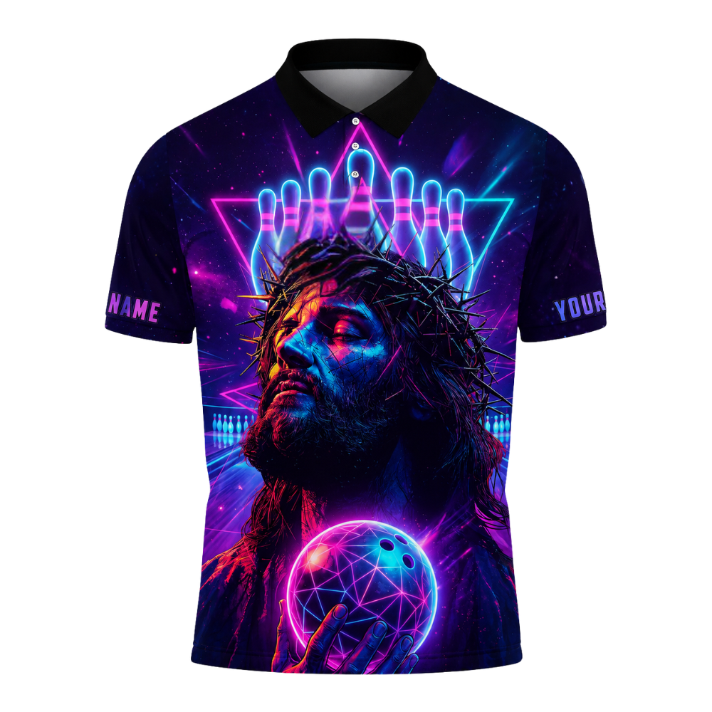 Custom Jesus Men's Neon Purple Bowling Polo Shirt, Custom Christian Bowling Team Shirts BZ0461