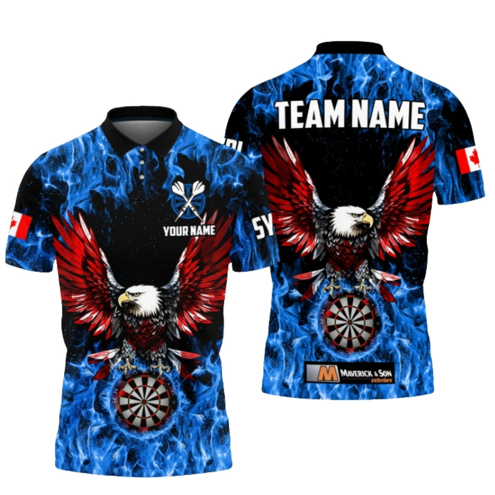 Canada Eagle Flag Custom Blue Flame Darts Polo Shirt For Men, Custom Eagle Canada Darts Team Shirts DZ0082