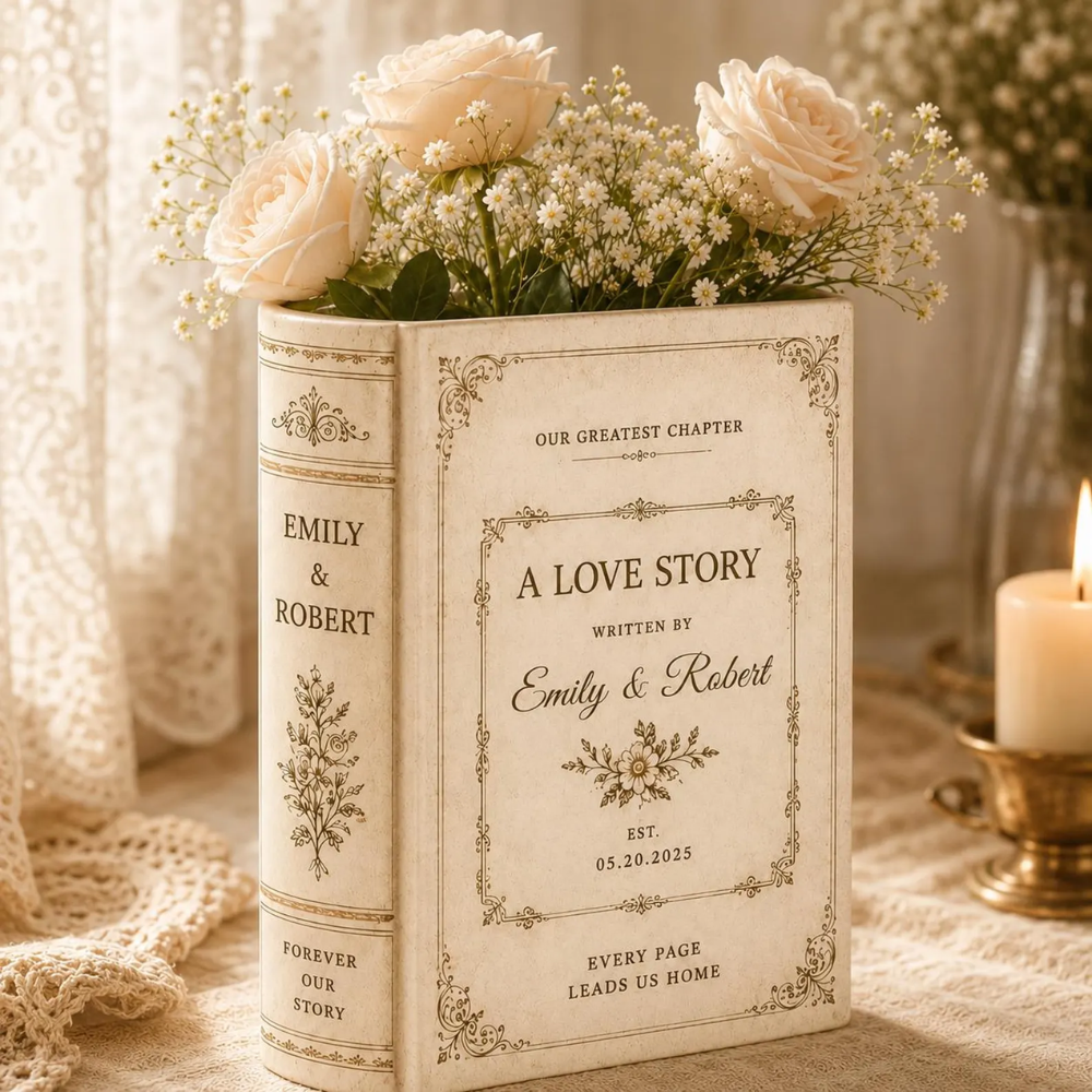 Custom Vintage Love Story Ceramic Flower Book Vase For Wedding Anniversary Engagement, Custom Wedding Book Vase WD0559