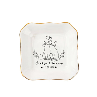 Personalized Cat Couple Name Jewelry Dish, Custom Engagement Ring Dish For Cat Lover WD0280