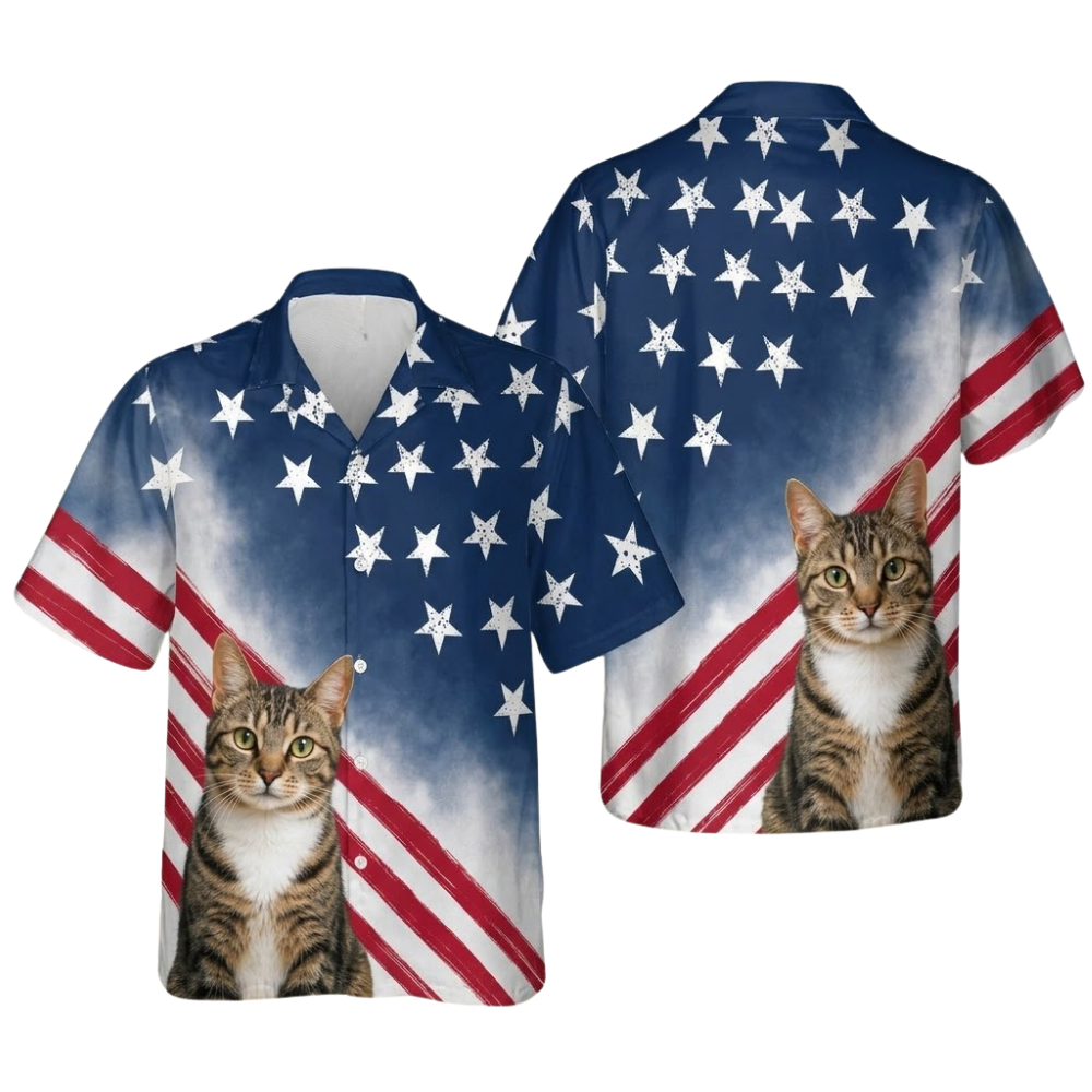 Custom Cat Photo American Flag Hawaiian Shirt For Men Women, Custom Patriotic Cat Lover Hawaiian Shirts HE0546
