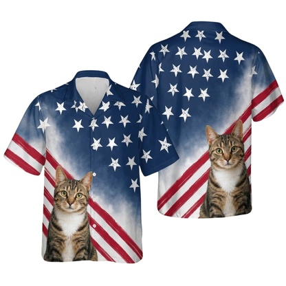 Custom Cat Photo American Flag Hawaiian Shirt For Men Women, Custom Patriotic Cat Lover Hawaiian Shirts HE0546