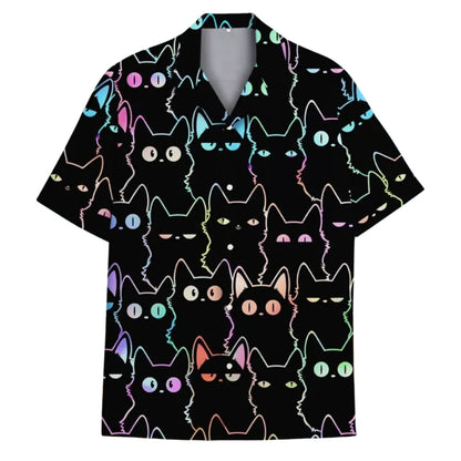 Black Neon Cat Hawaiian Shirt Men And Women, Cat Hawaiian Shirts HE0019