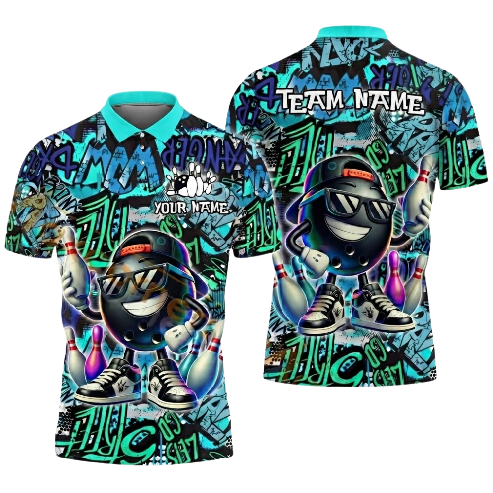 Custom Funny Ball Graffiti Mens Bowling Polo Shirt, Custom Team Graffiti Bowling Shirts BZ0531