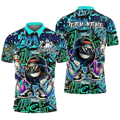 Custom Funny Ball Graffiti Mens Bowling Polo Shirt, Custom Team Graffiti Bowling Shirts BZ0531