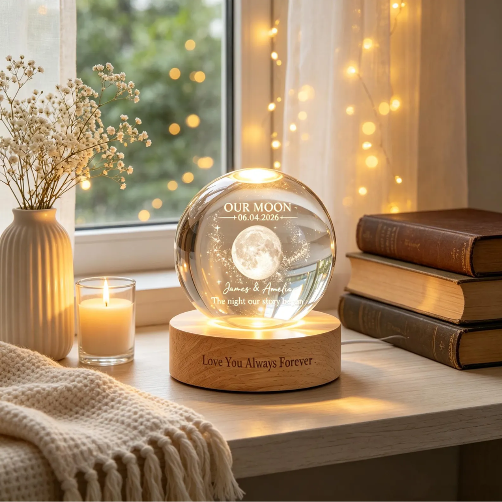 Our Moon The Night Our Story Began Custom Couple Crystal Ball Led Night Light, Custom Moon Phase Night Light Wedding Keepsake WD0821