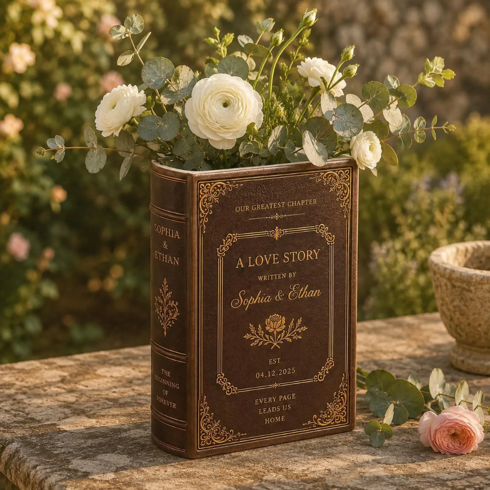 Custom Vintage A Love Story Wedding Brown Ceramic Book Vase, Custom Vintage Book Vase For Wedding Engagement WD0560